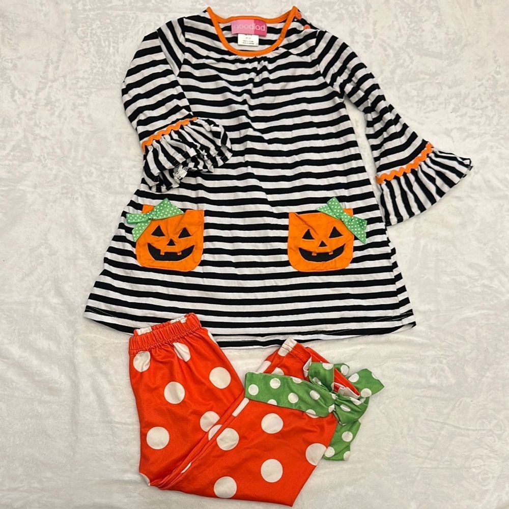 EUC Goodlad Black and White Stripe Pumpkin pocket dress with ruffle sleeve 3t